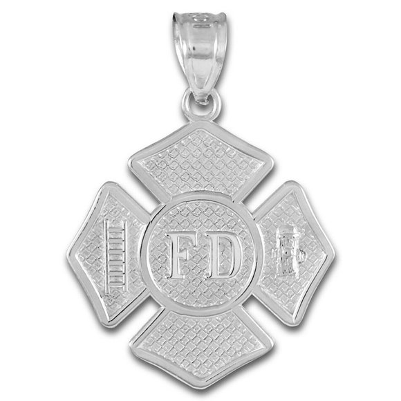 925 Silver Fire Department Firefighter Badge Pendant Necklace - Picture 2 of 3